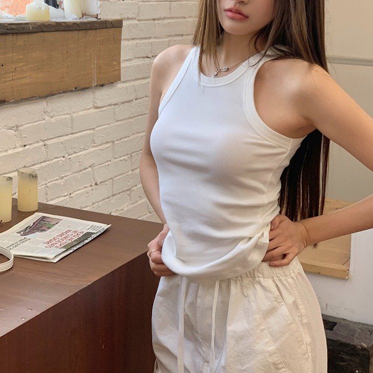 봄 여름 데일리 베이직 골지 모달 면 스판 민소매 슬림핏 나시 티셔츠 화이트 - 메인 이미지
