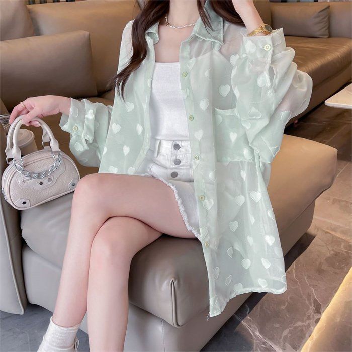 봄 여름 시스루 하트 패턴 엠보싱 긴팔 셔츠 블라우스 루즈핏 아우터 화이트 핑크 민트 - 상세 이미지 4