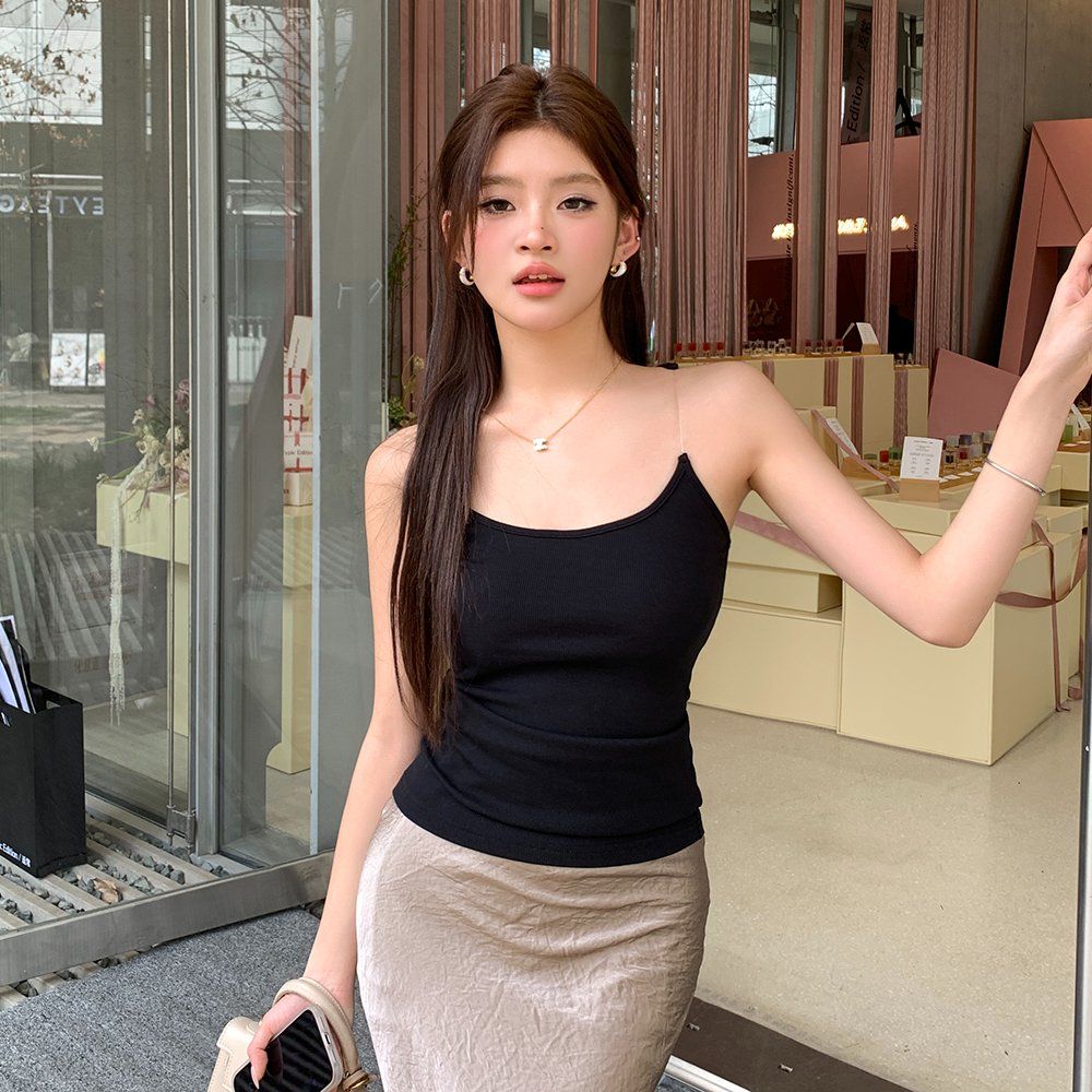 봄 여름 데일리 스트릿 컷아웃 골지 모달 스판 민소매 슬림핏 나시 티셔츠 블랙 올리브그린 - 메인 이미지