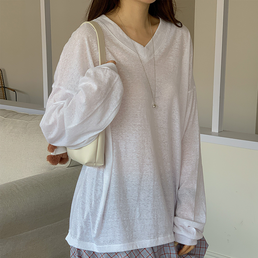거즈 여성 여름 긴팔 티셔츠 오버핏 시스루 브이넥 박스티 - 상세 이미지 4