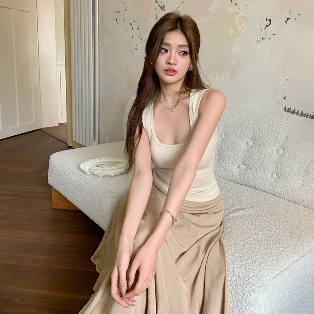 봄 여름 데일리 베이직 라운드넥 모달 스판 민소매 슬림핏 나시 티셔츠 베이지 - 상세 이미지 2