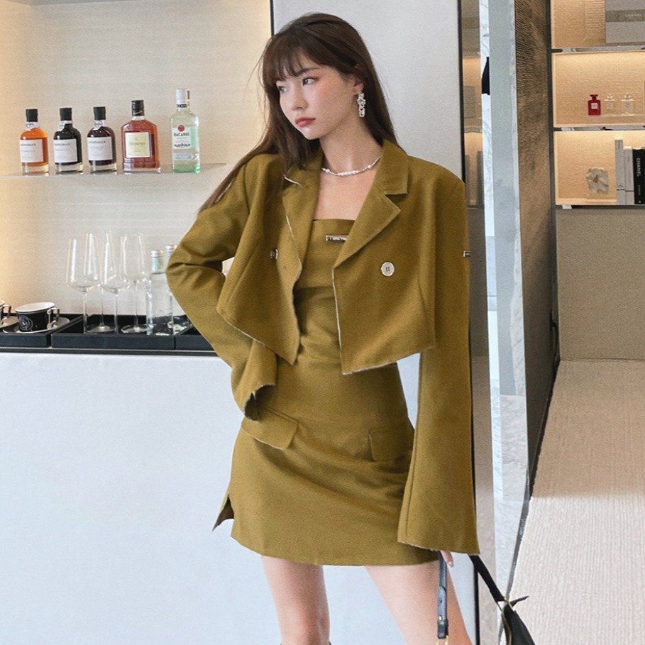 봄 가을 투피스세트 크롭자켓 탑튜브 뷔스티에 미니 원피스 셋업 스트릿 올리브그린