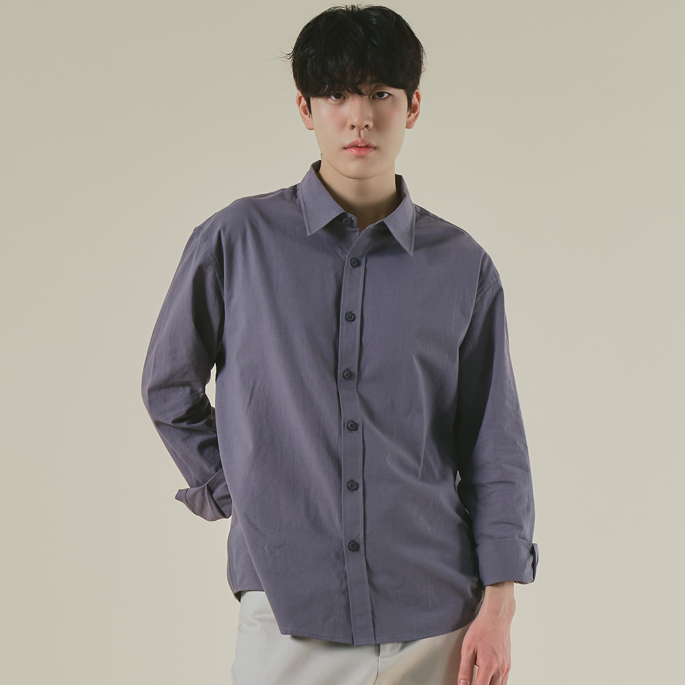 남자 무지 면 긴팔 셔츠 세미오버핏 베이직 데일리 남방 이미지 2