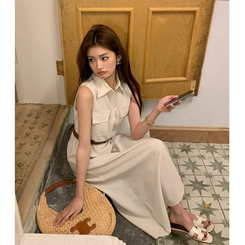 봄 여름 린넨 혼방 벨트 민소매 셔츠 카라 A라인 플레어 롱 맥시 원피스 블랙 아이보리 - 상세 이미지 2