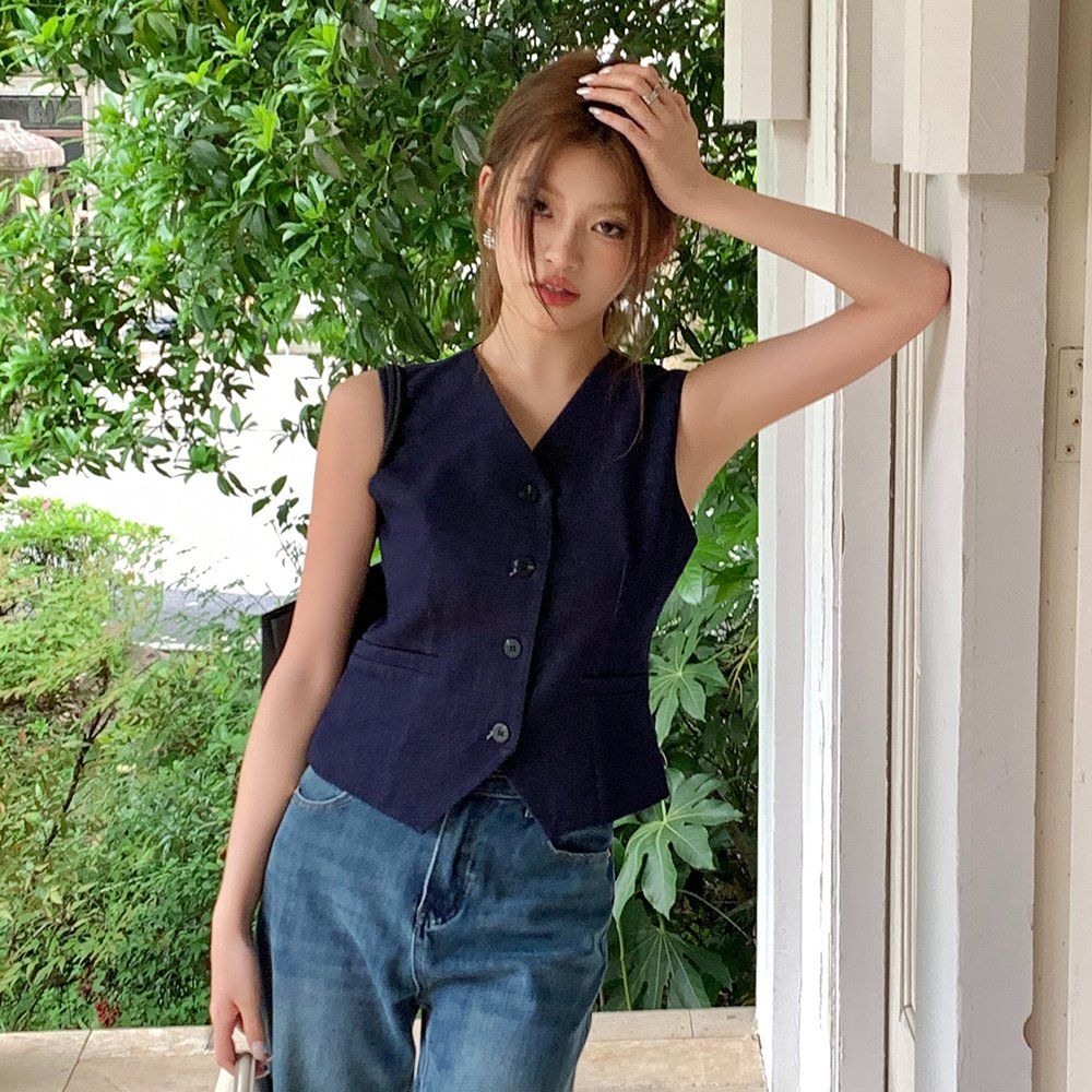 봄 여름 데일리 베이직 브이넥 싱글 버튼 민소매 슬림핏 정장 베스트 조끼 딥블루 - 상세 이미지 4