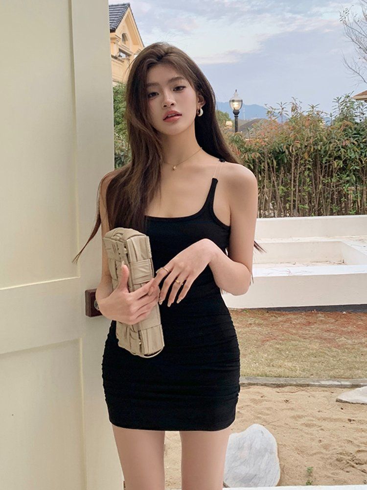 봄 여름 데일리 섹시 셔링 골지 모달 스판 민소매 라운드넥 바디콘 미니 원피스 핑크 블랙 - 상세 이미지 2