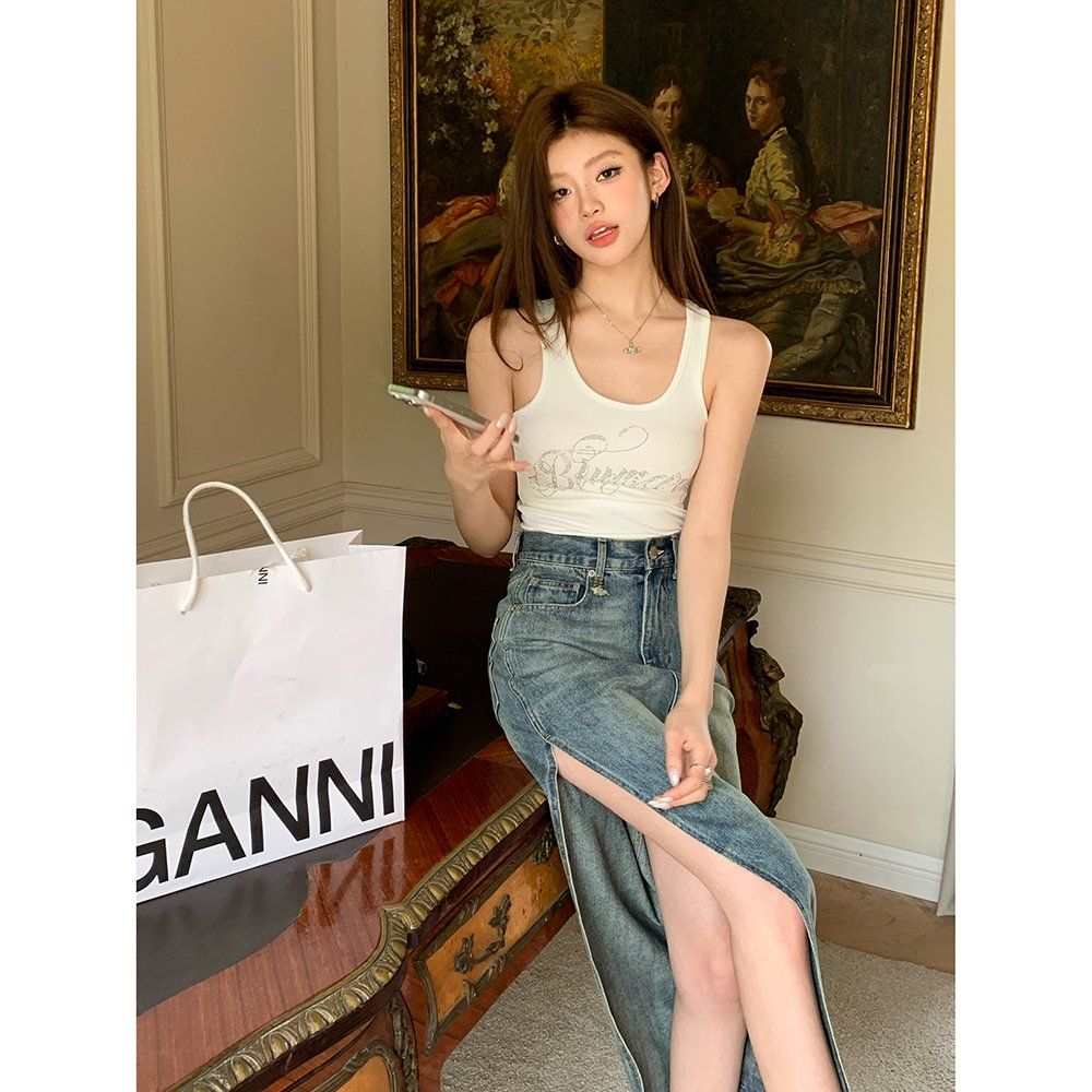 봄 여름 빈티지 워싱 하이웨스트 H라인 옆트임 데님 롱 맥시 스커트 청치마 블루 - 상세 이미지 2