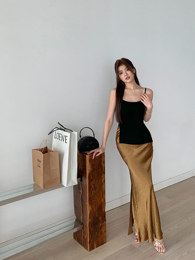 봄 가을 새틴 느낌 크링클 옆트임 A라인 하이웨스트 롱 맥시 스커트 골든옐로우 - 상세 이미지 2