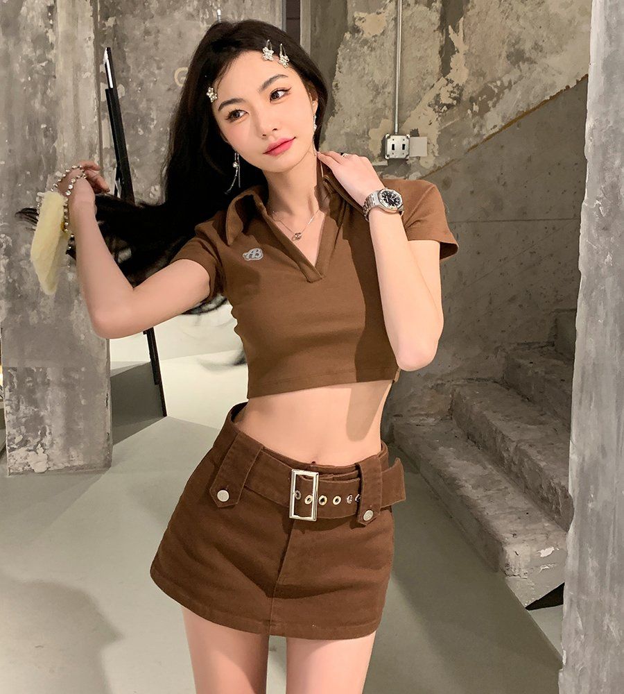 봄 여름 스트릿 Y2K 벨트 데님 스판 A라인 치마바지 미니스커트 브라운 - 상세 이미지 2