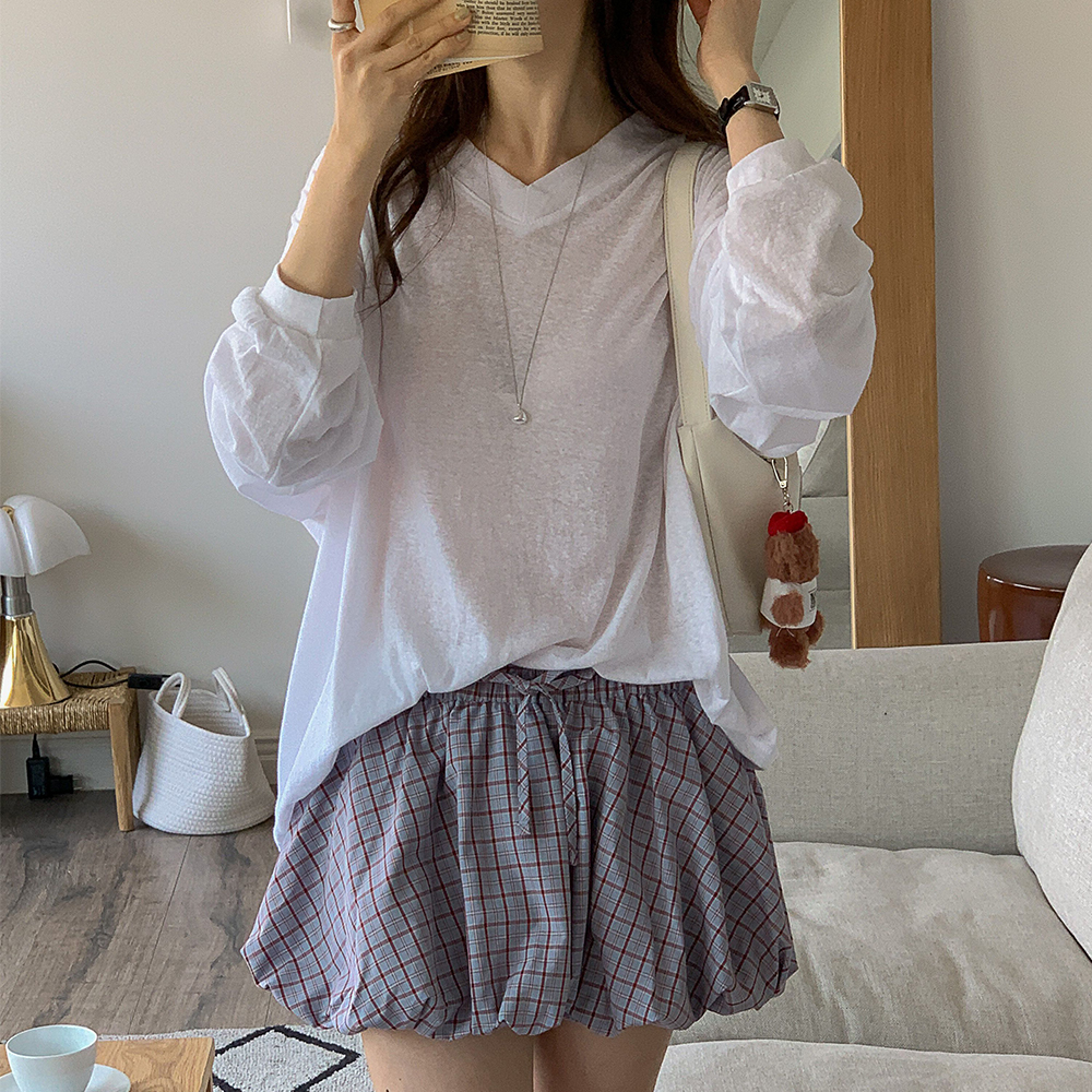 거즈 여성 여름 긴팔 티셔츠 오버핏 시스루 브이넥 박스티 - 상세 이미지 3