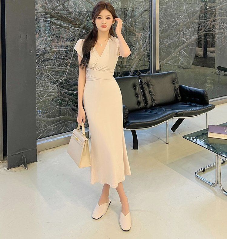 봄 가을 데일리 랩스타일 브이넥 캡소매 모달 골지 슬림핏 롱 원피스 베이지