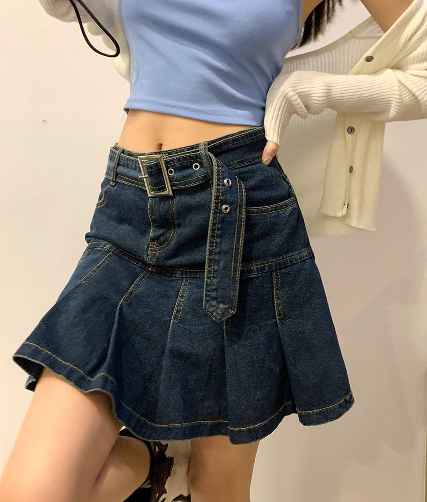 봄 여름 스트릿 Y2K 하이웨스트 벨트 플리츠 데님 미니스커트 A라인 청치마 블루 - 상세 이미지 3