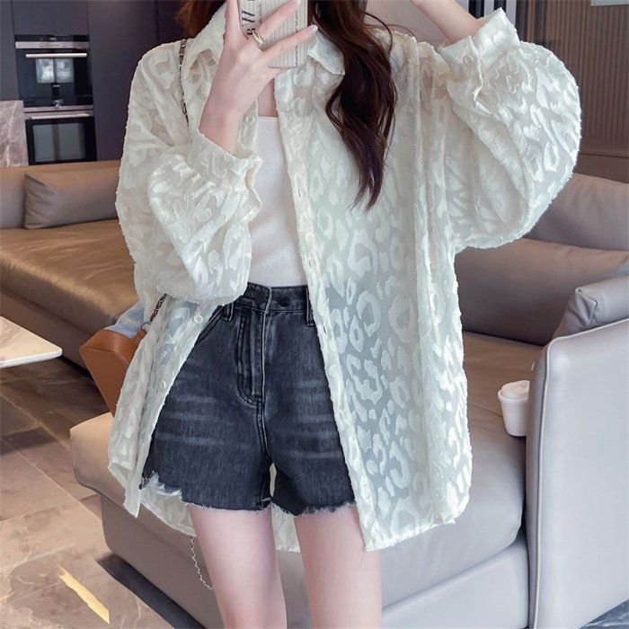 봄 여름 시스루 애니멀 패턴 엠보싱 긴팔 셔츠 블라우스 루즈핏 아우터 화이트 핑크 베이지 - 상세 이미지 5