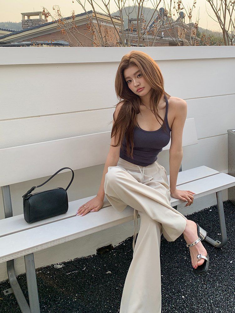 핀턱 밴딩 스트링 와이드 롱 팬츠 여름 시원한 베이지 이지웨어 데일리룩 - 상세 이미지 2