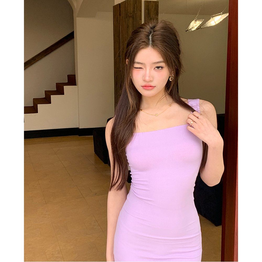 봄 여름 섹시 골지 스판 스퀘어넥 민소매 슬림핏 바디콘 미니 원피스 라이트블루 라벤더 - 상세 이미지 4