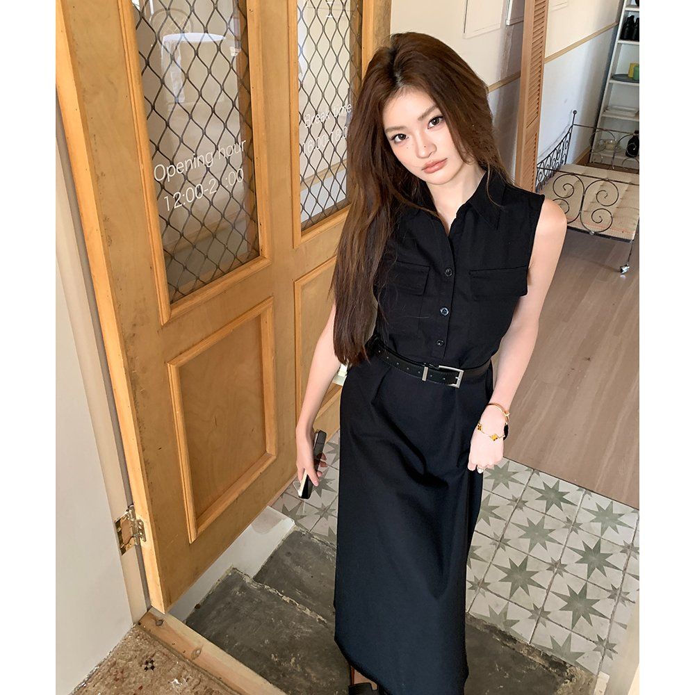 봄 여름 린넨 혼방 벨트 민소매 셔츠 카라 A라인 플레어 롱 맥시 원피스 블랙 아이보리 - 상세 이미지 3