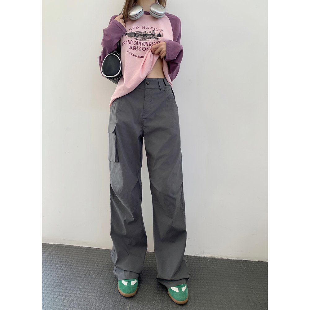 봄 여름 데일리 스트릿 와이드 카고 바지 포켓 캐주얼 면혼방 롱팬츠 차콜 - 상세 이미지 2