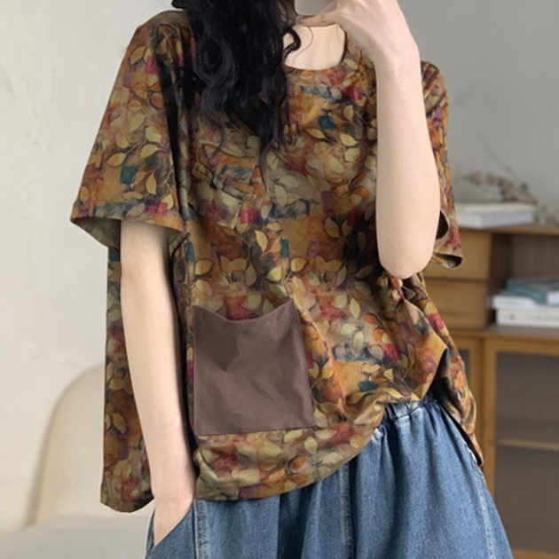 중년여성 루즈핏 티셔츠 프린트 포켓 반팔 빈티지 - 상품 이미지