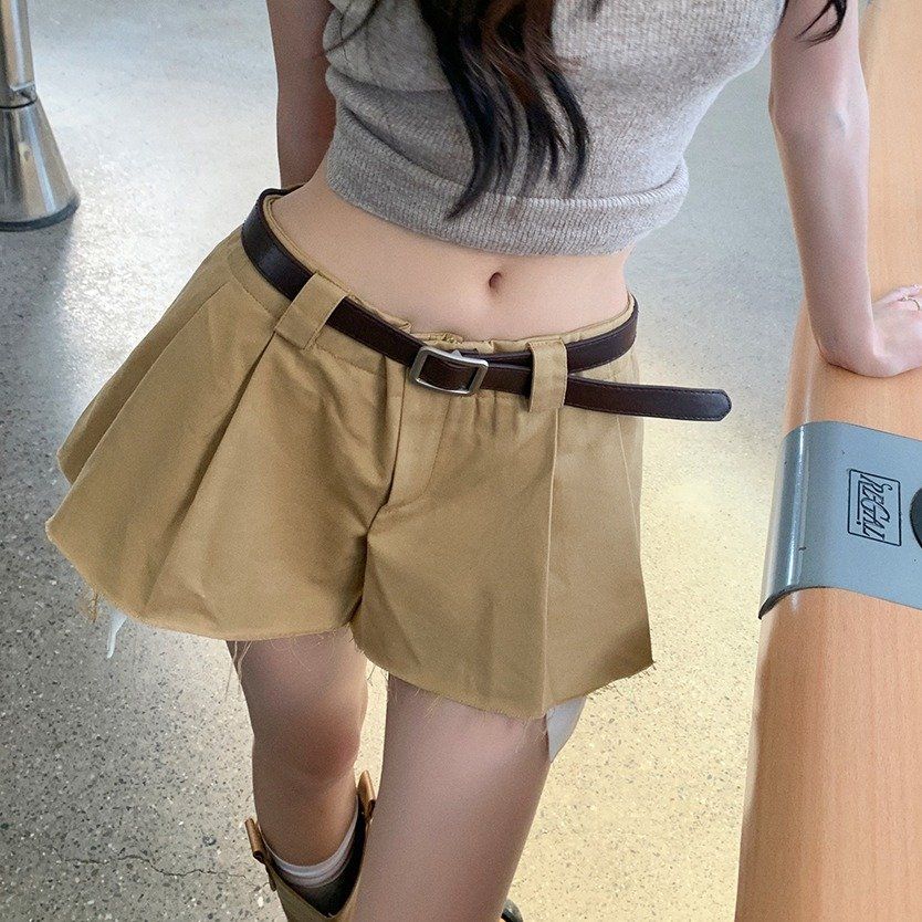 봄 여름 스트릿 Y2K 레이어드 룩 로우웨스트 벨트 플리츠 미니스커트 그레이 카키 - 상세 이미지 3