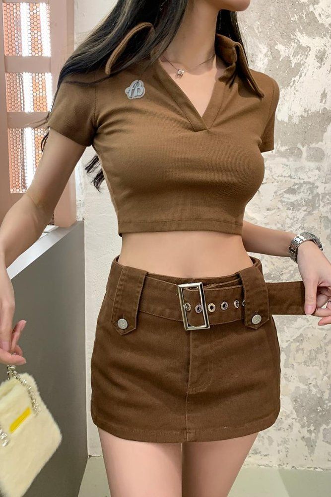 봄 여름 스트릿 Y2K 벨트 데님 스판 A라인 치마바지 미니스커트 브라운 - 상세 이미지 5
