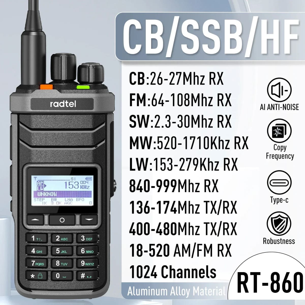 무전기 CB 듀얼 SSB AM USB HF Radtel 1024 라디오 햄 단파 USB-C 채널  배터리 CW RT-860 워키토키 LSB RX 밴드 American : 히메스토어