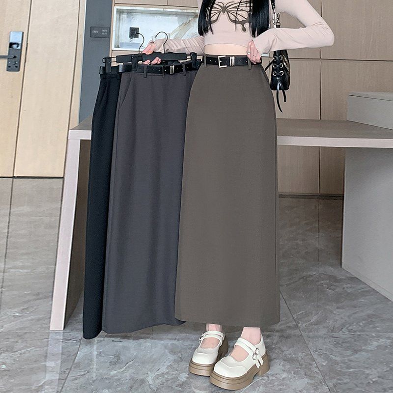 여성 봄 가을 하이웨스트 포켓 H라인 베이직 롱 스커트 정장핏 블랙 카키 그레이 - 상세 이미지 2