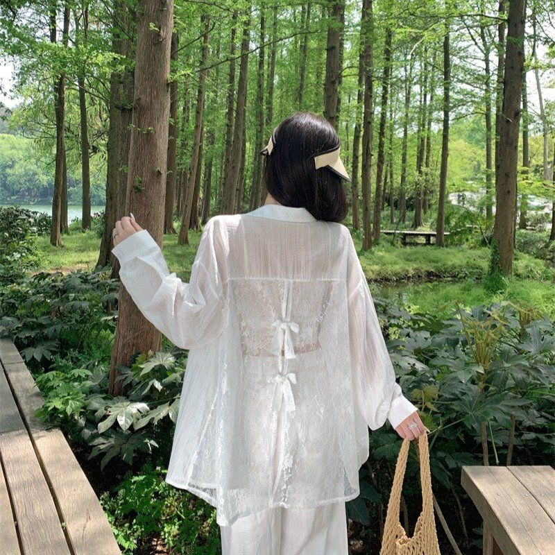 여리여리한 여성 봄 여름 시스루 레이스 포켓 백리본 루즈핏 셔츠 블라우스 긴팔 화이트 - 상세 이미지 5