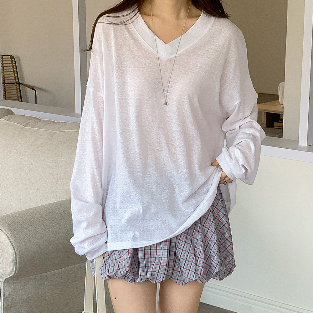 거즈 여성 여름 긴팔 티셔츠 오버핏 시스루 브이넥 박스티 - 메인 이미지