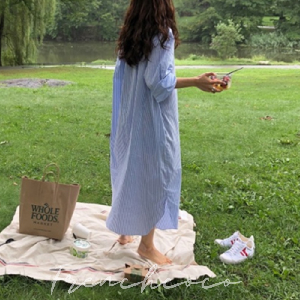 프렌치코코 스트라이프 셔츠형 롱원피스 임부복 임산부원피스