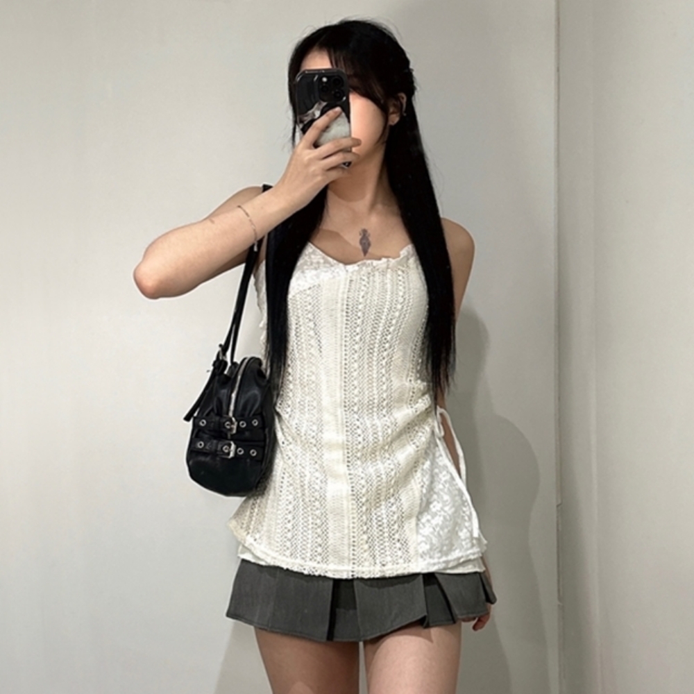 여성 레이스 펀칭 레이어드 셔링 미니 원피스 발레코어 슬리브리스 끈 나시 봄 여름 휴양지 - 상품 이미지