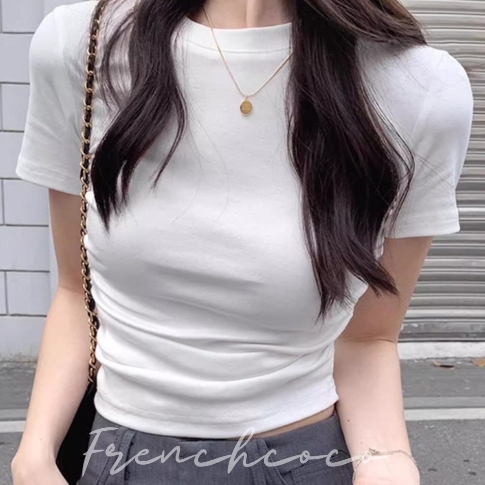 프렌치코코 슬림핏 크롭 붙는 티셔츠 여름 무지면티 - 상품 이미지