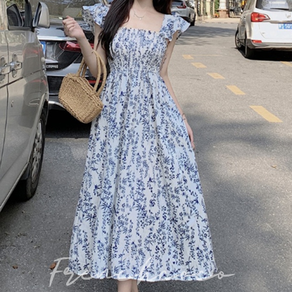 프렌치코코 플라워 스퀘어넥 원피스 러블리 날씬해보이는 프릴 허리밴딩 - 상품 이미지