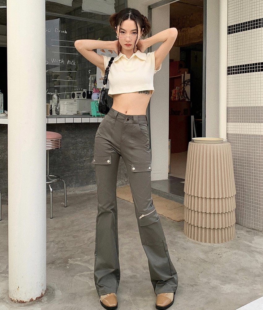 봄 가을 하이웨스트 부츠컷 카고 롱 팬츠 워크웨어 데일리 캐주얼 면바지 차콜 - 상세 이미지 4