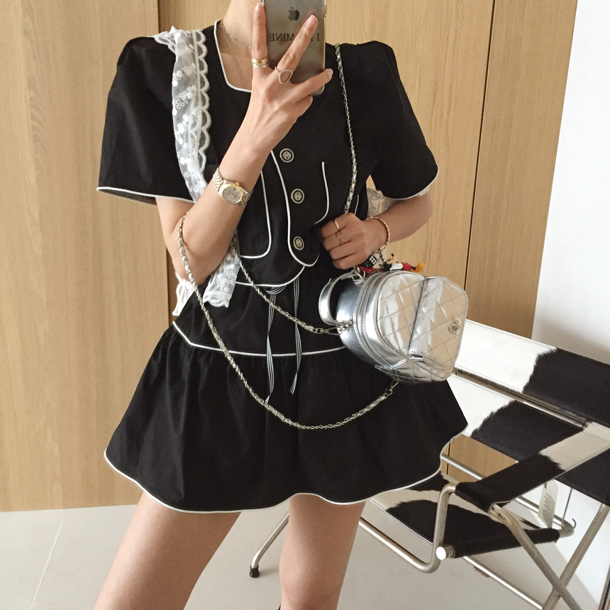반디 스퀘어넥 배색 라인띠 어깨패드 퍼프 크롭 반팔자켓 플레어 밴딩 A라인 미니스커트 여름 투피스세트 (3color) 상세 이미지 16