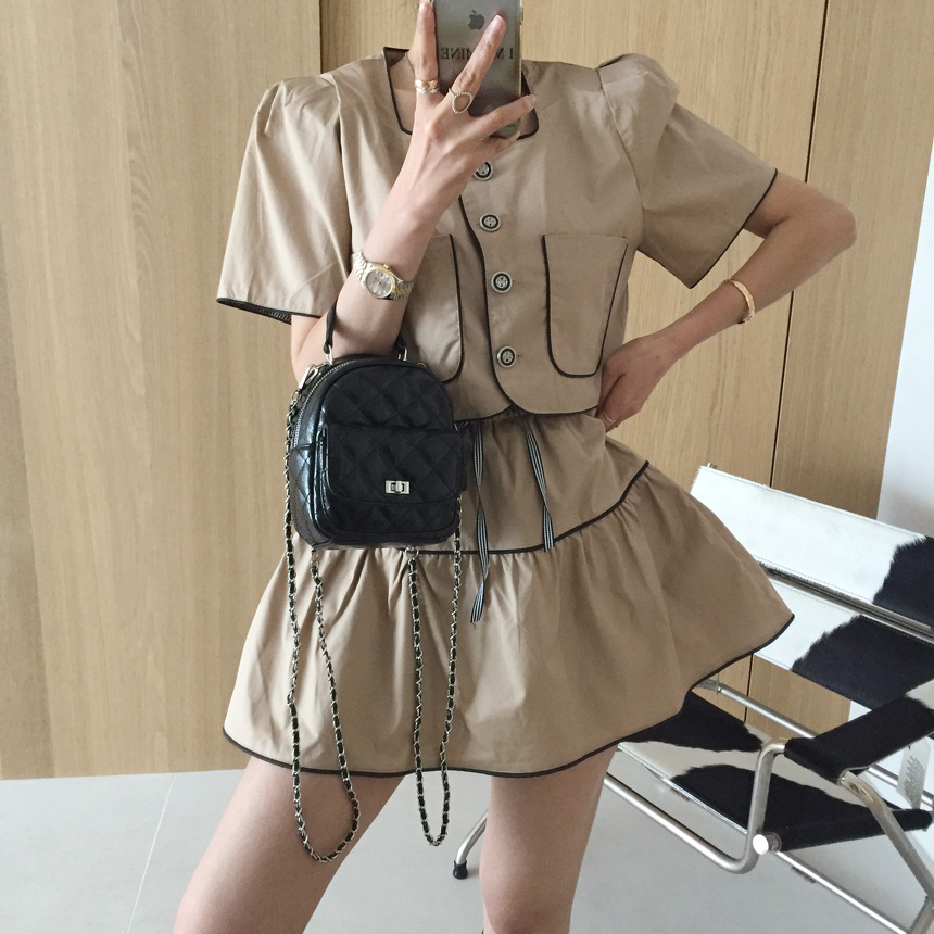 반디 스퀘어넥 배색 라인띠 어깨패드 퍼프 크롭 반팔자켓 플레어 밴딩 A라인 미니스커트 여름 투피스세트 (3color) 상세 이미지 18