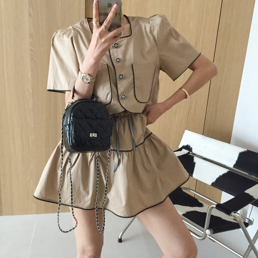 반디 스퀘어넥 배색 라인띠 어깨패드 퍼프 크롭 반팔자켓 플레어 밴딩 A라인 미니스커트 여름 투피스세트 (3color) 상세 이미지 17