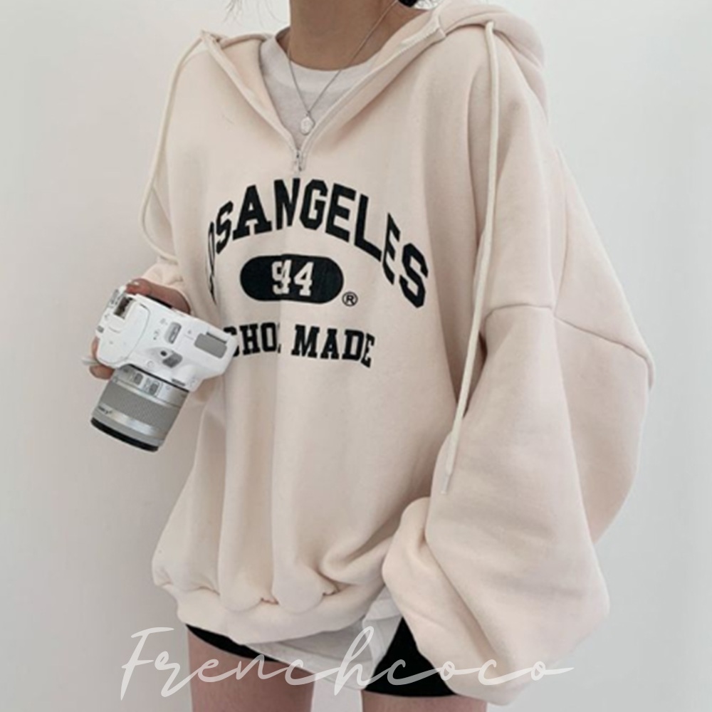 프렌치코코 레터링 반집업 후드티 오버핏 루즈핏 박시핏 - 상품 이미지