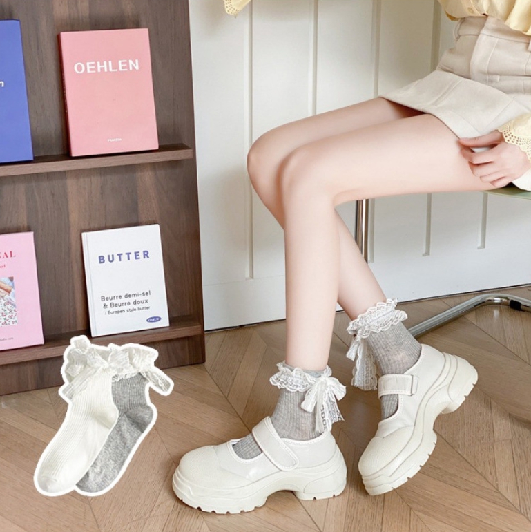 에브리디 여성 시스루 리본 러플 레이스 패션 중목 양말 발레코어 아르떼 2종세트 - 상세 이미지 2