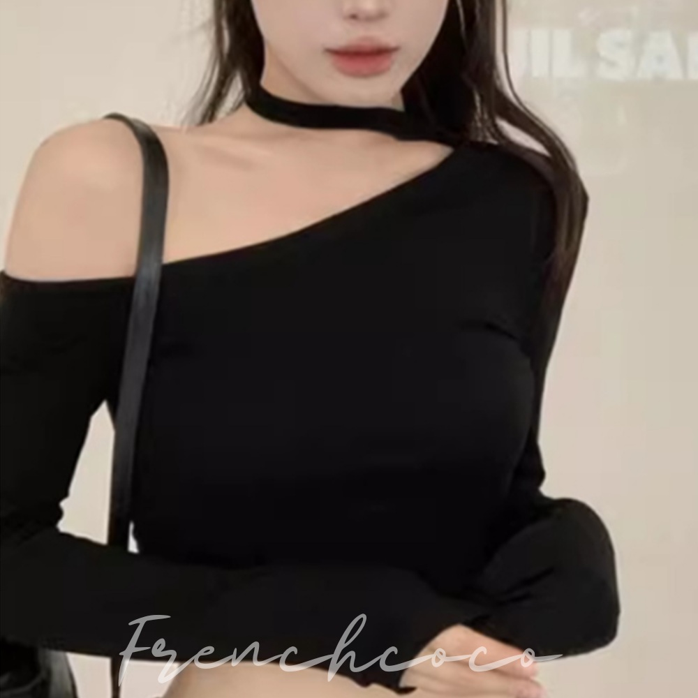 프렌치코코 긴팔 오프숄더 초커 크롭 티셔츠 긴팔티 크롭티 - 상품 이미지