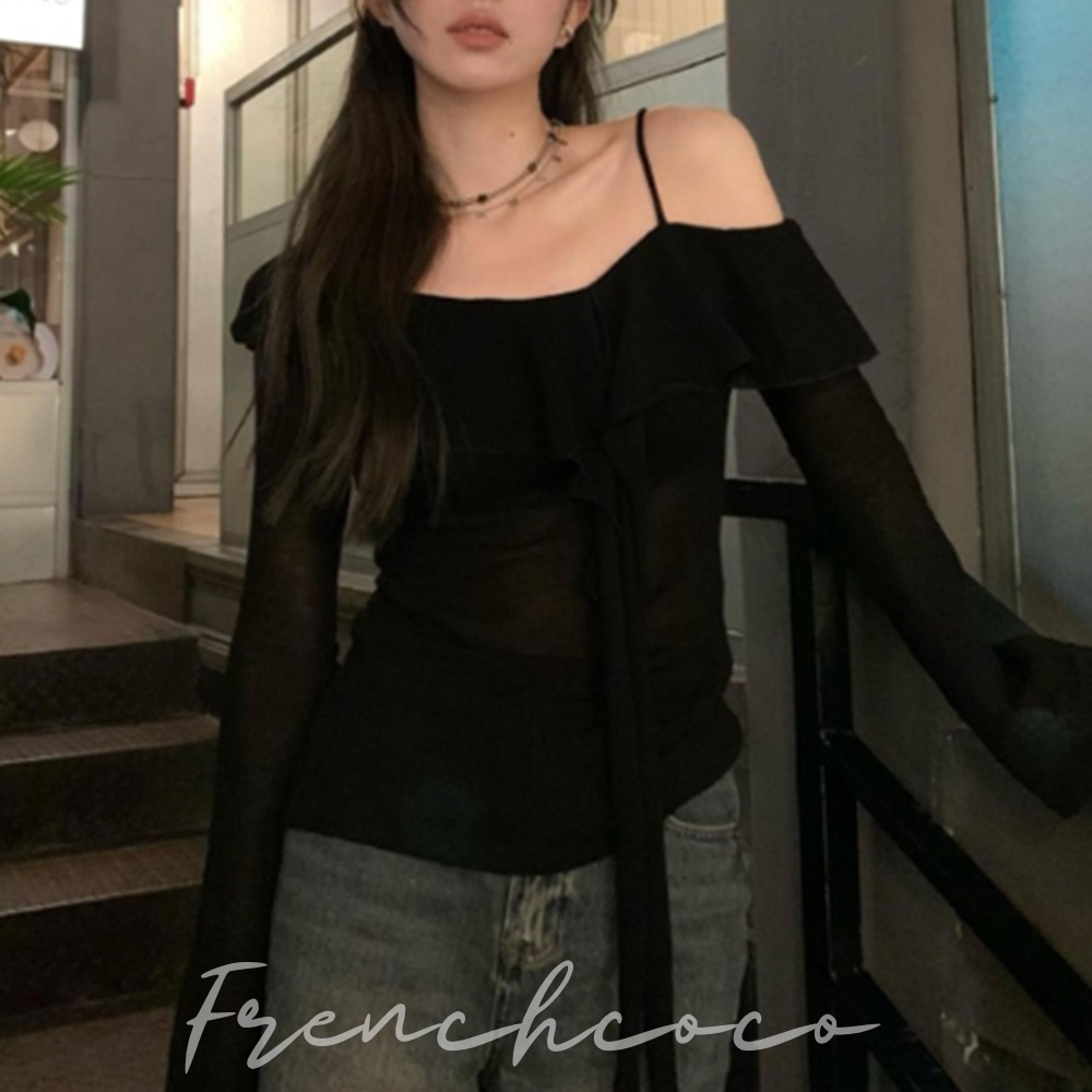 프렌치코코 오프숄더 프릴 긴팔 티셔츠 리본 타이 나팔소매 데이트룩 - 메인 이미지