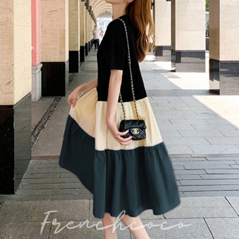 프렌치코코 니트원피스 미디원피스 반팔 A라인 배색