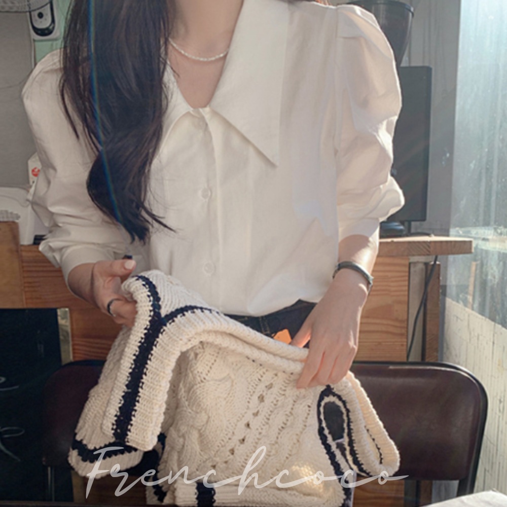 프렌치코코 여성 퍼프 숄더 카라 블라우스 벌룬 소매 화이트 셔츠 하객룩 오피스룩 출근룩 - 메인 이미지