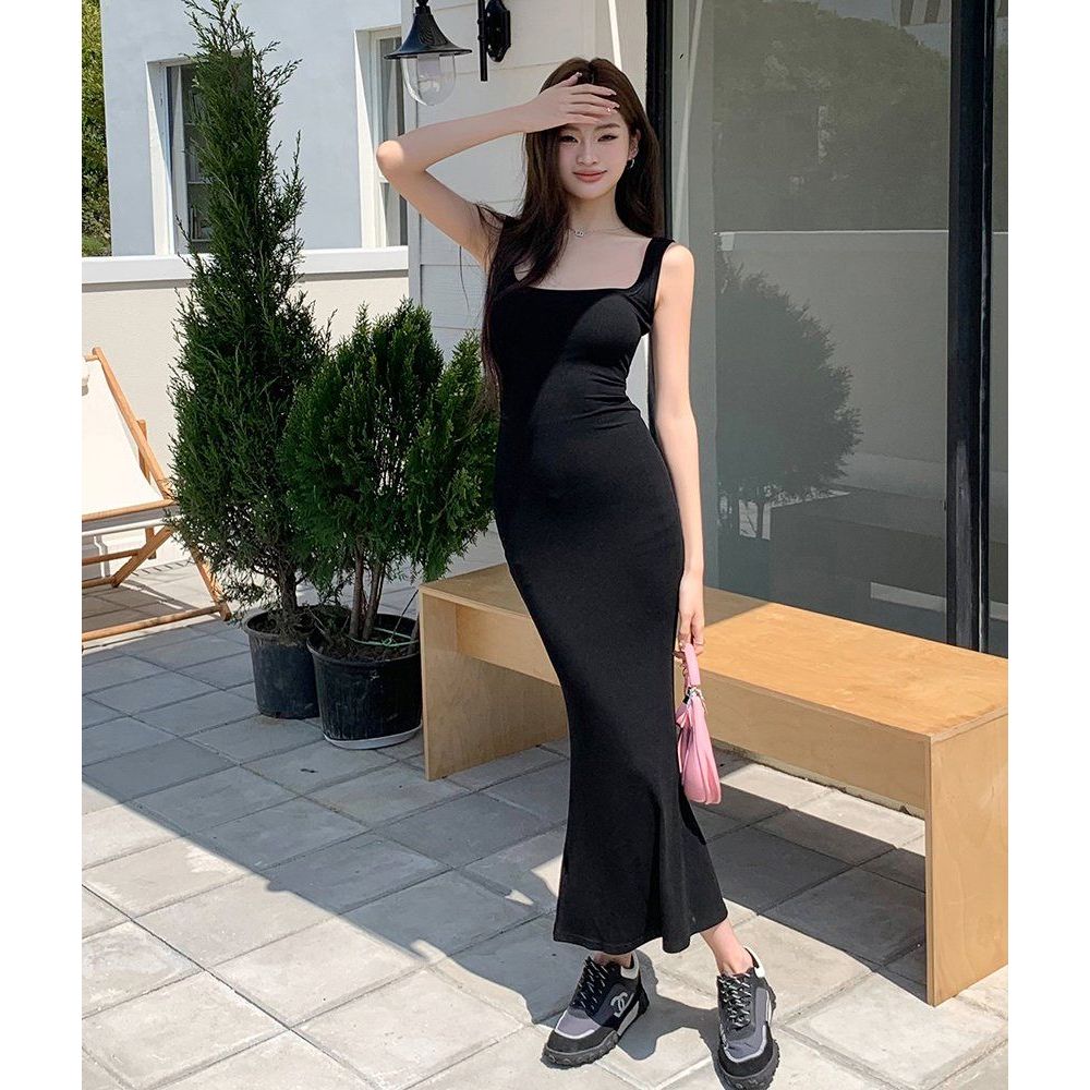 봄 여름 슬리브리스 골지 머메이드 롱 원피스 나시 민소매 롱 드레스 블랙 차콜 - 상품 이미지