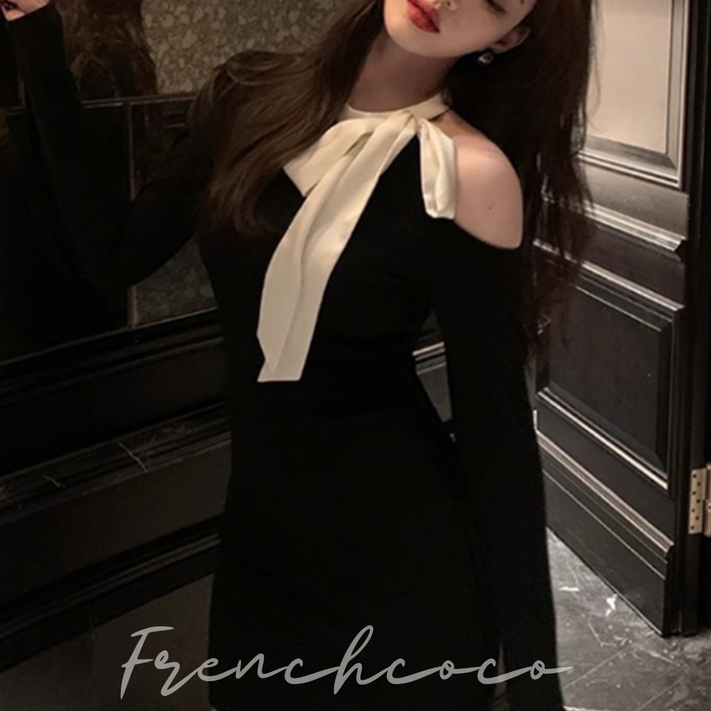 프렌치코코 원 오프숄더 숏 원피스 리본 홀터넥 슬림 미니 스커트 파티룩 데이트룩 - 메인 이미지