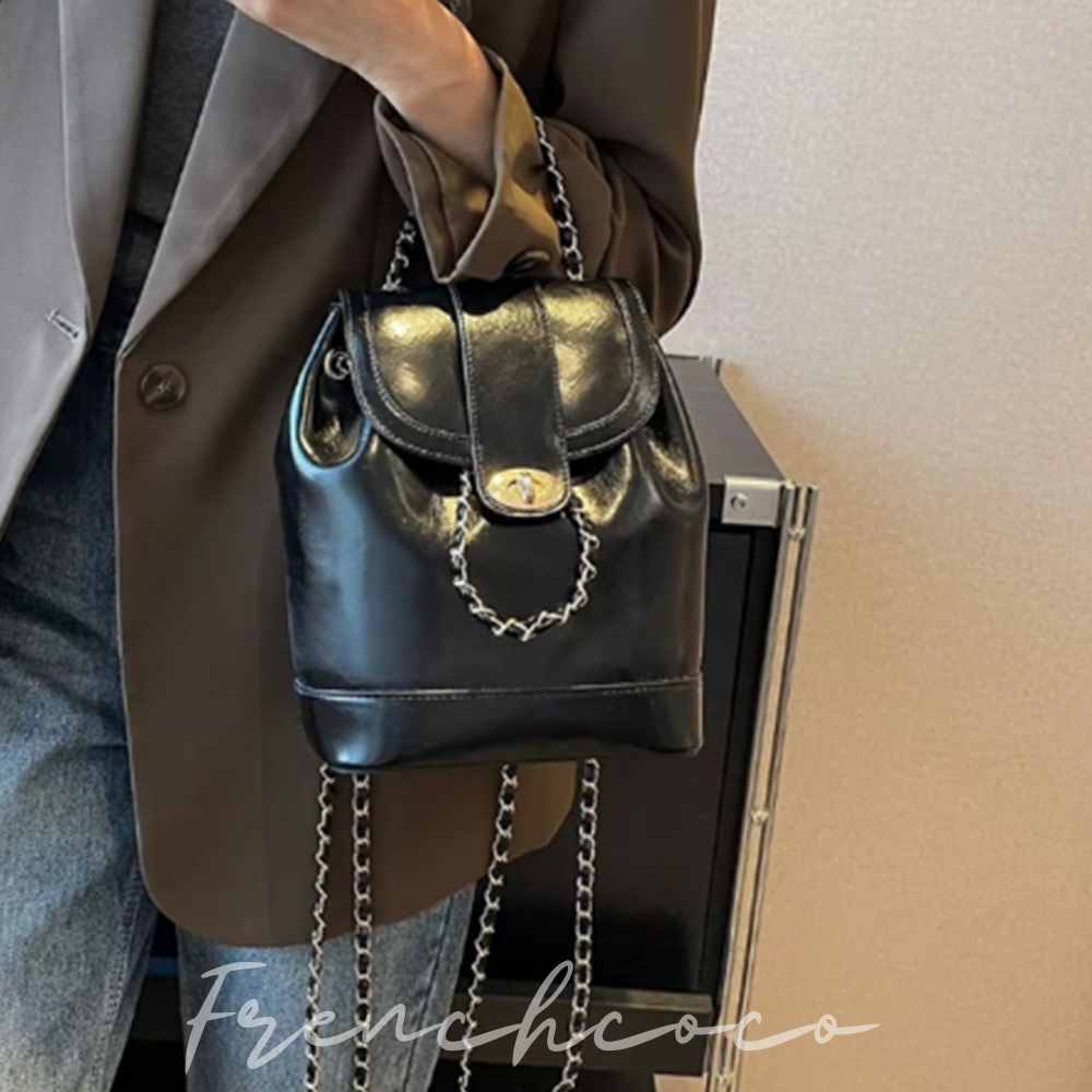 프렌치코코 여성 가죽 백팩 레더 체인 실버 블랙 미니가방 데일리 코디