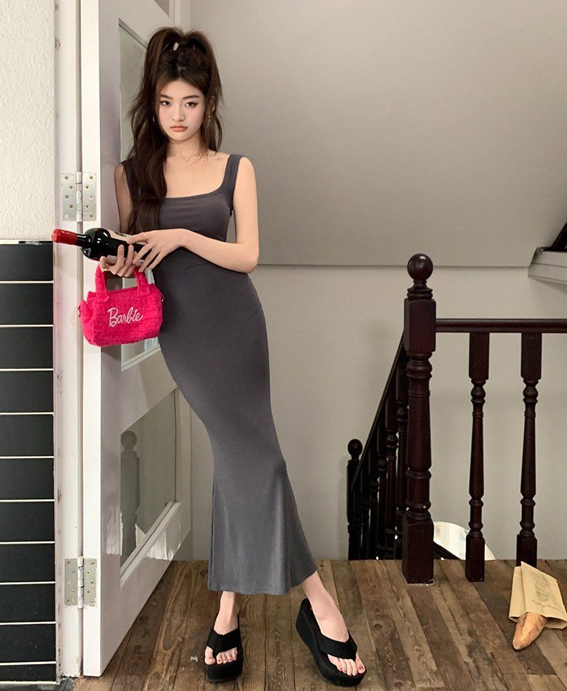 봄 여름 슬리브리스 골지 머메이드 롱 원피스 나시 민소매 롱 드레스 블랙 차콜 - 상세 이미지 2