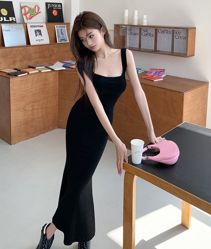 봄 여름 슬리브리스 골지 머메이드 롱 원피스 나시 민소매 롱 드레스 블랙 차콜 - 상세 이미지 3