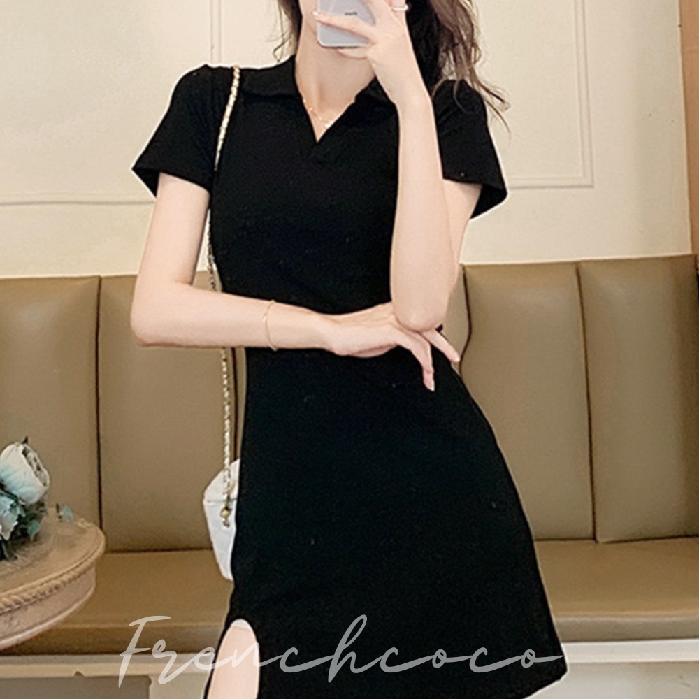 프렌치코코 블랙 베이직 카라 원피스 브이넥 트임 - 메인 이미지