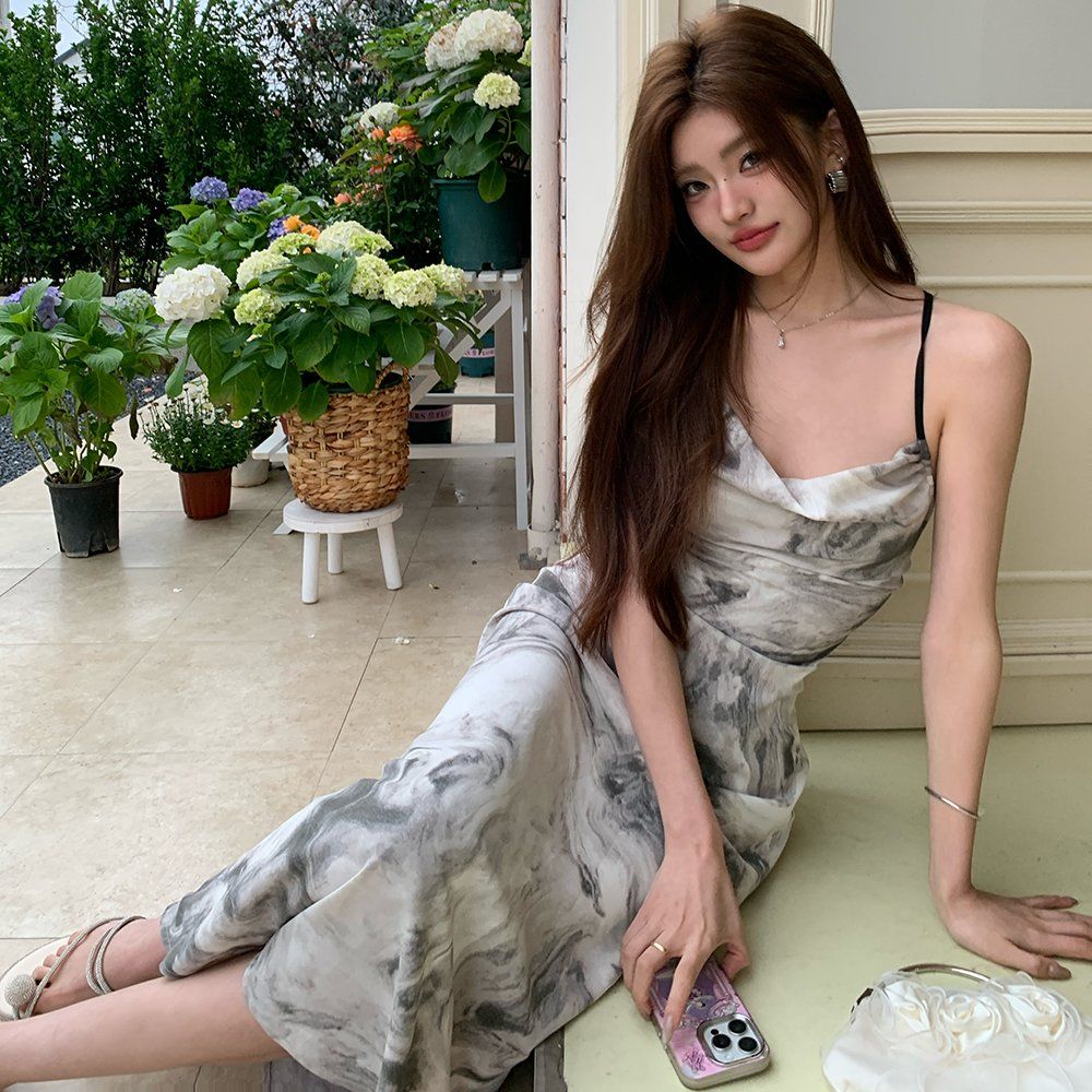 봄 여름 마블 프린트 백리스 엑스자 끈 슬리브리스 롱 원피스 맥시 드레스 그레이 - 상세 이미지 3