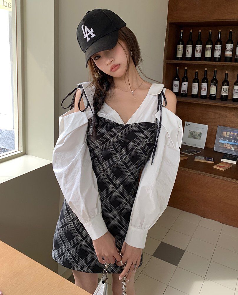 봄 여름 체크 뷔스티에 레이어드 오프숄더 셔츠 미니 원피스 블랙 그리드 - 상세 이미지 2